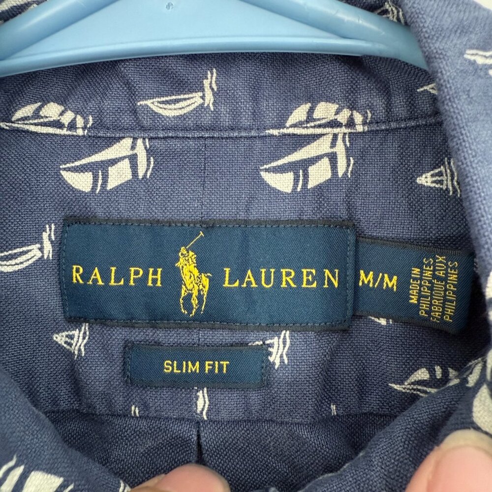 Ralph Lauren Shirt Mens M Blue Slim Fit Sailboat Geometric Oxford Button Down - Picture 3 of 6